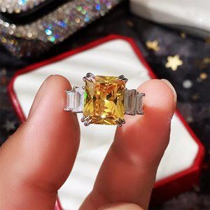 💥925 Silver Plated Iced Out CZ Yellow Crystal Wedding Ring, MARR9454